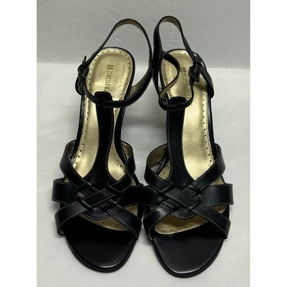 Naturalizer Shoes - Naturalizer Women's Black Leather Woven‎ T-Strap Wedge Heel Sandals